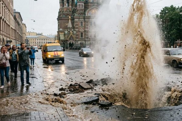 Коммунальный гейзер на Васильевском: в Петербурге мощный фонтан забил прямо из-под асфальта